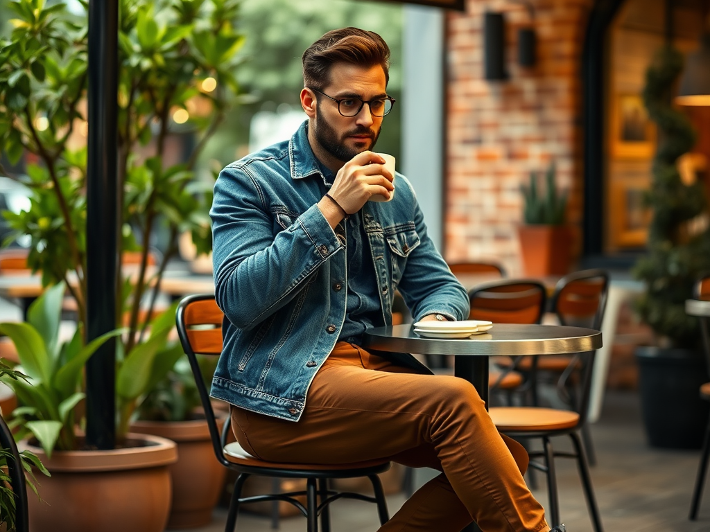 Un bărbat tânăr cu o bluză de jean și ochelari, savurând o cafea într-o cafenea încântătoare.
