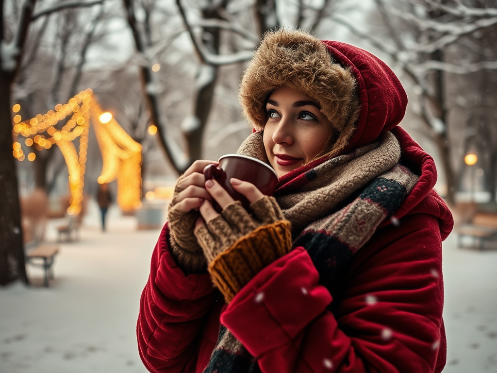 O fată îmbrăcată călduros, cu o ceașcă în mână, admirând luminițe de Crăciun într-un parc acoperit de zăpadă.