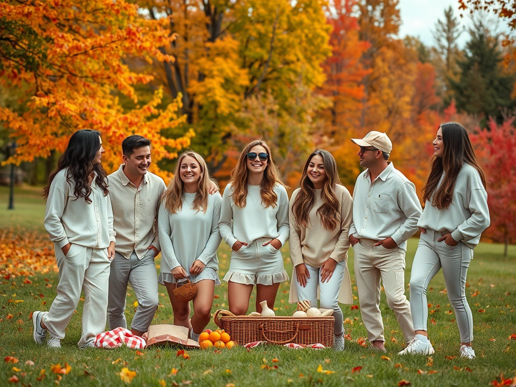 Un grup de tineri se bucură de un picnic, înconjurați de frunze de toamnă strălucitoare.