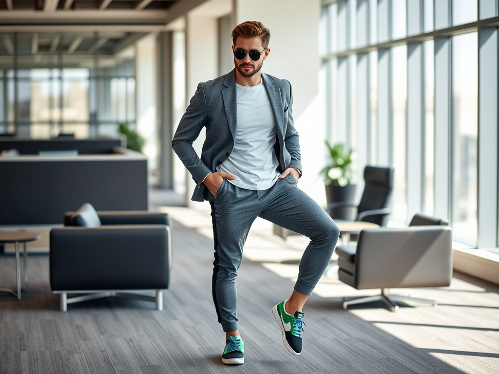 Bărbat îmbrăcat elegant, cu ochelari de soare, stând într-un birou modern. Îmbrăcăminte formală cu adidași.