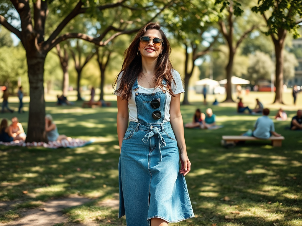 O femeie zâmbitoare poartă o rochie din denim într-un parc, înconjurată de oameni relaxându-se.