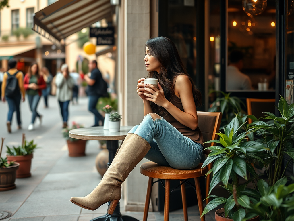 O femeie stă pe un scaun, ținând o cafea, în timp ce observă oamenii pe o stradă aglomerată. 