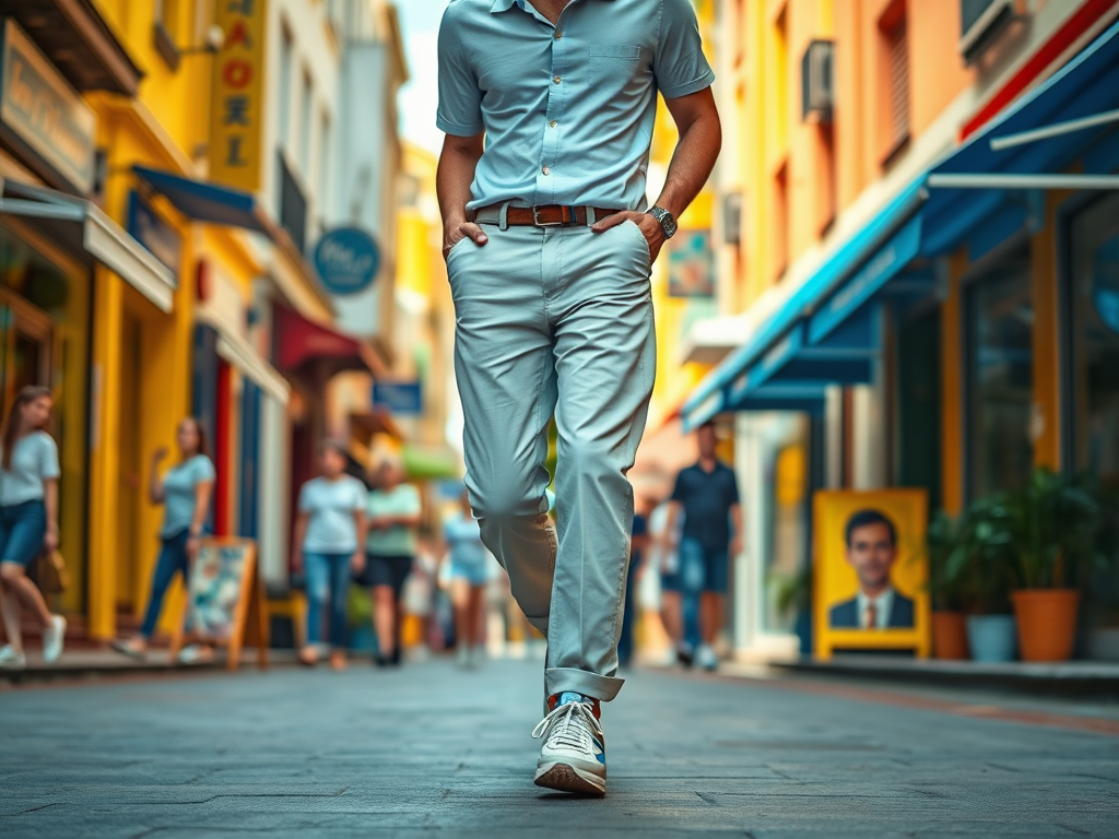 Un bărbat îmbrăcat elegant merge pe o stradă plină de oameni, cu magazine colorate pe fundal.